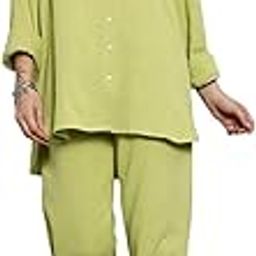 Women's Summer Cotton Long Sleeves Shirt Collar Top & Trousers Co-Ord Set, Green-image-1