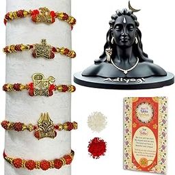 Divine Raksha Bandhan Gift Set 5 Rudraksha Rakhis with Adiyogi Idol Roli Chawal and Card Gift Set Rakhi-image-17