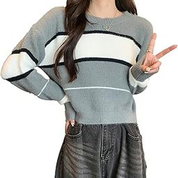 Women's Knitted Long Sleeve Round Neck Striped Top T-Shirt Pullover Sweater DN14 (One Size Fit XS-S-M-L)-15