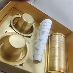 IE/AM,Traditional Brass Coffee Filter Set with Storage Container, 2 Cups and Saucers, Decorative Wave Pattern-image-57
