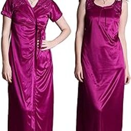 Wine Satin Nightwear 2 Pc Set of Nighty & Wrap Gown Nighty Set-image-52
