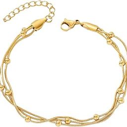 Coquette Multi-Layer Gold Bracelet for Women Stylish | Anti Tarnish Jewellery for Women Beaded Snake Chain Hand Wristlet for Girls Stylish | Aesthetic Accessories for Girls Ladies Bracelet-image-12
