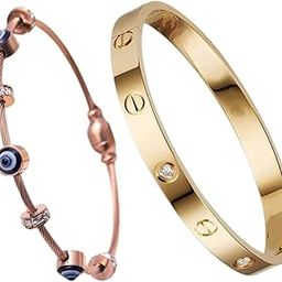 Rose Gold Evil Eye & Gold Bangle Style bracelets Combo for Womens & Girls | Anti Tarnish & Water Resistant | Adjustable Magent Rose gold Bracelet Kada | Trendy Accessories Jewellery-picture-16