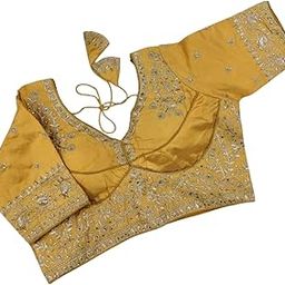 Women's Yellow Embroidered Taffeta Silk Blouse – Designer Readymade Saree Blouse with Half Sleeves & Back Tie-Up Dori – Traditional Indian Ethnic Wear-image-2