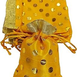 VedVista Polka Potli (Size: 5×7 inch) Premium Shagun Pouch Bags Purse with Drawstring For Women, Return Gifts on Diwali, Weddings, Festivals, Kirtan Puja Dry Fruits, Jewellery. (Yellow color) (2)-85