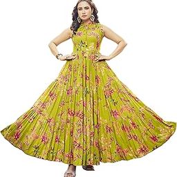 Rayon Gown for Women | Full Length | Printed | Stand Collar | Fit & Flare | Sleeveless | Round Neck | Ethenic Dress | Ideal for Casual, Wedding & Party Occassions | Fluorescent Green-picture-24
