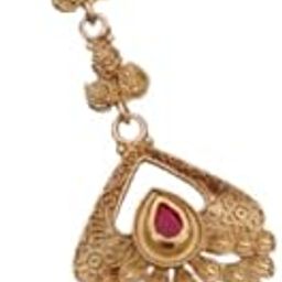 Maangtikka Matte Gold Plated Kundan more Pankh Design Green And Red Stone Pearl Drop Bridal Traditional Hair Jewellery for Women Girls-12