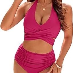 Womens Tummy Control Bathing Suits Modest High Waisted Bikini Sets Cute Halter 2 Piece Swimsuit, Rose Red, Medium-image-50