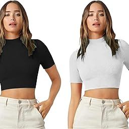 Women's Combo Casual High Neck Short Sleeves Stylish Crop Top - Pack of 2-17" inches-image-20