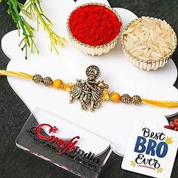 eCraftIndia Krishna Playing Flute with Cow Designer Rakhi | Raksha Bandhan Rakhi for Bhai Bhaiya | Best Bro Ever Fridge Magnet | Roli Chawal Pack-image-86
