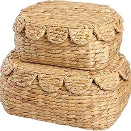 LUSYDECO Set of 2 Hand Round Wicker Storage Baskets with Lid, Rattan Basket Decorative Boxes, Woven Storage Box Hyacinth Basket with Lids, Scalloped Edge Wicker Basket with Lid-0