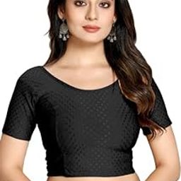 Cotton Lycra Stretchable Comfy Round Neck Half Sleeves Saree Blouse Readymade Crop Top Choli for Girls & Womens Black-picture-20