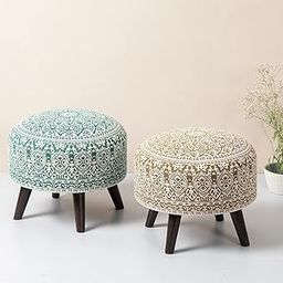 nestroots Set of 2 Wooden Ottoman Stools for Living Room | Printed Pouffes for Sitting, Footrest with 4 Wooden Legs | 14 Inch Height, Green and Yellow | Stylish & Comfortable Furniture for Home Dcor-12