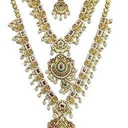 Traditional Gold-Toned Jewelry Set with Pearls and CZ Stones, Long Necklace with Earrings, Alloy Steel-2
