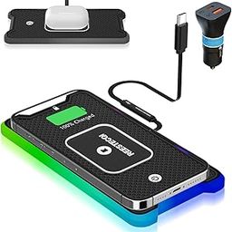 Wireless Car Charger Pad, REESTECQI 15W RGB Wireless Charger for Car Type C Non Slip Charging Pad for Car Compatible with Airpods iPhone 16/15/14/13/12,Samsung Google (30CM Cable)-12