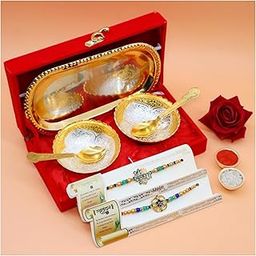 Piepot Rakhi Set for Brother | Rakhi for Brother and Bhabhi | Rakhi with Gift | Rakhi with Silver and Gold Plated Bowl Set & Roli Chawal | Greman Silver Bowl with Plate-image-90
