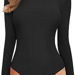Women's Mock Turtle Neck Long Sleeve Ribbed Slim Fit Bodysuit Jumpsuit Shirts (A01 Black, Small)-image-11