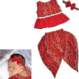 The Root And Craft Kids Birthday Photoshoot Outfit Dress Girls Bandhani printed Top With Dhoti pant & Hairband Born Baby Photography Photoshoot Props(0 to 3 Month Bbay)-image-15