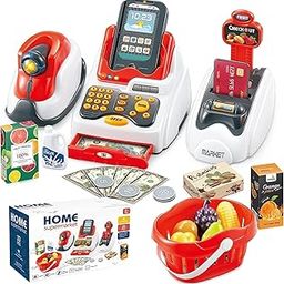 SHARNGA Toy Cash Register for Kids with Checkout Scanner,Card Reader, Credit Card Machine, Play Money and Food Shopping Play Set-17