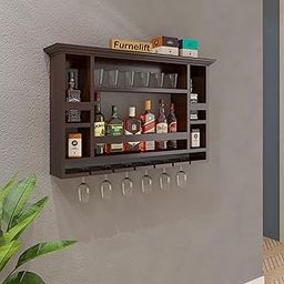 Furnelift Wooden Wall Mounted Chessy Wine Rack Bar Cabinet for Home - 8 Bottle and Upside Down Glass Storage - Elegent Wooden Bar for Home Wine Collection (Walnut Finish)-image-7