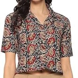 Women's Kalamkari Printed Cuban Collar Cotton Printed Crop Shirt Top, Tunics with Short Sleeves-picture-2