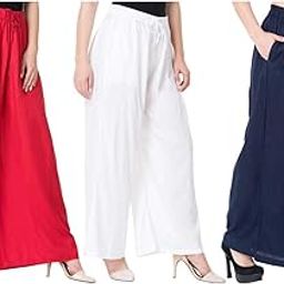 Women's Rayon Solid Soft Palazzo's/Plain Palazzo for Girls/Causal/Comfortable/Pants (Save Pack of 3, White-Red-Blue)-image-77