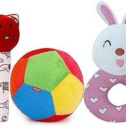 pikipo Super Saver Soft Polyester Toy for Infant Combo(3-in-1): Kitty Rattle, Bunny Rattle, and 11Cm Ball, Red-34
