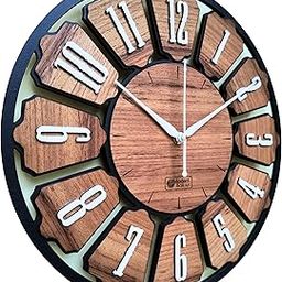 MODERN BOIS ART Antique Geometric Design Handmade Wood Wall Clock, Big Size Modern Wall Clock for Home Decor (Black, and Wood) Dia 30Cm X 30Cm, (MBCL07)-Analog-17