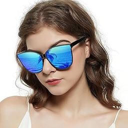 Cat Eyes Mirrored Sunglasses for Women, Polarized Oversized Fashion Vintage Eyewear for Driving Fishing UV400 Protection (Black1, Blue)-picture-33