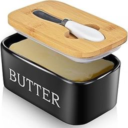 Butter Dish with Lid, Large Butter Dish for Countertop, Ceramic Butter Keeper Container with Knife and High-Quality Silicone Sealing Butter Box for Home Decor Good Kitchen Gift Black-11