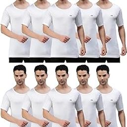 Men's Round Neck Half Sleeves 100% Cotton Vest with Extended Length for Easy Tuck (Pack of 10)-image-33
