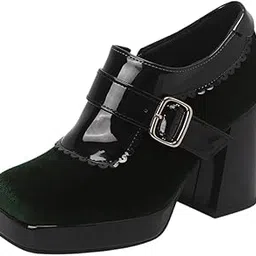ftk Belt Buckle Square Shoes for Women Color Matching Thick Heel Footwear PU Upper Rubber Sole-picture-9