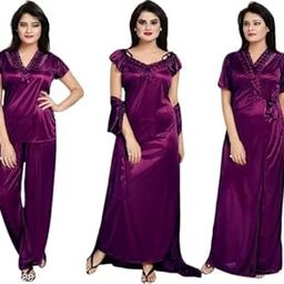 Bombshell Women's 4-Piece Satin Nightwear Set, Winter Nighty with Robe and Pajama, Purple-image-2