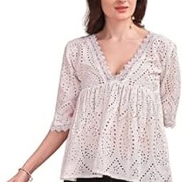 Schiffli Flare V-Neck Embroidered Top for Women – Elegant Style Casual & Office Wear Blouse-image-41