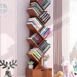 OrderWood Solid Sheesham Wood Book Shelf | Wooden Tree Shape Bookshelf | Free Standing Bookcase with Open 8 Shelf & One Drawer Storage | Tall Display Unit Book Stand | Rosewood, Natural Finish-image-4