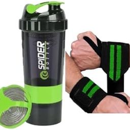 (Pack of 2) Gym Shaker Bottle 500 ml with Gym Wrist Band for with Thumb Loop Straps Accessories for Men Hand Grip Fitness Shoulder Wrist Hand Support For Gym. (GREEN)-image-117