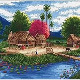 IVELECT Country Landscape Stamped Cross Stitch Kits for Beginners Hand Embroidery Kit-14