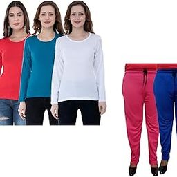 IndiWeaves Women Winter Wear Solid Cotton Full Sleeves T-Shirt and Fleece Warm Lower/Track Pants (Red,Blue,White,Pink,Blue, 42-XXL) Pack of 5-image-62