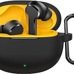 Sounce Portable Silicone Case Cover for Realme TechLife Buds T110 with Carabiner Clip & Keychain, Full Protection Shockproof Case Cover, Scratch-Resistant, Non-Slip Grip, Anti Fall Anti Dust (Black)-24