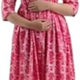 Women Feeding Maternity Dress Kurta & Kurtis Zipper Pure Cotton Anarkali Zip Maternity Kurta Nighty Dress Feeding Kurtis & Kurtas Pink - Maternity Printed Three-Quarter Sleeves Stitched Size - 2XL-image-77