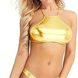 Metallic Gold Two-Piece Swimsuit, High Neck Halter Top with Brazilian Bottom-picture-49