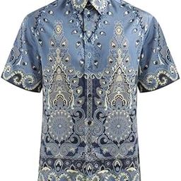 Men's Short Sleeve Paisley Print Shirt, Blue and White Pattern, Casual Button-Down Collar-image-30