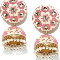 Off-White Pink Enamel Kundan Jhumkas with Pearls For Women-image-38