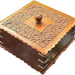 KESHA WOODKRAFT Sheesham and Teakwood Dry Fruit Box | 4 Partition | Handmade | Carved Lid | Glass Lid | Square Shape | Standard Size- 8.5 x 4 inches (Sheesham Wood) (Sheesham Wood)-image-9