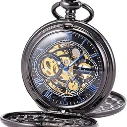 Pocket Watch Skeleton Mechanical Double Case Hand-wind SIBOSUN Black Blue Roman Numerals Antique Chain-image-62
