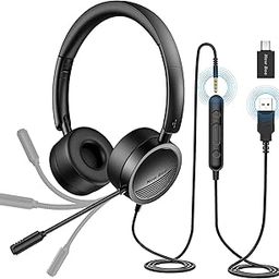 USB Headset New bee Computer Headset in-Line Call Controls Office Headset with Noise Cancelling Micphone Call Center Headset for Skype, Zoom, Laptop, Phone, PC, Tablet, Home-34