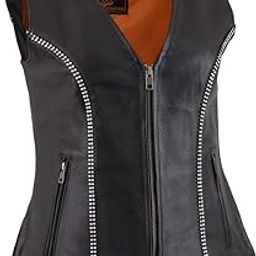 MLL4502 Women's Black Leather V-Neck Zipper Vest with Rhinestone Bling Detail-20