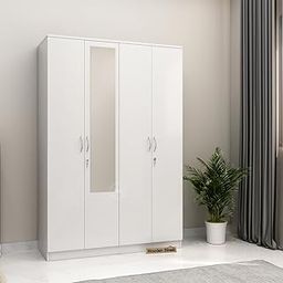 Wooden Street Kayden Engineered Wood 4 Door Wardrobe for Clothes, Cupboard Wooden Almirah for Bedroom, Multi Utility Wardrobe with Mirror, Lock and Handles,1 Year Warranty, Frosty White Finish-image-76