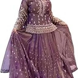 Women's Embroidered Sharara Set in Shimmer Silk - Full Sleeve Peplum Style Kurti with Dupatta - Allover Embroidery Work - Traditional Designer Suit for Women-image-0