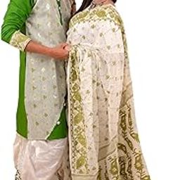 Traditional Dhakai Jamdani Couple Set, Handwoven Cotton Saree without Blouse and Men's Kurta, Green and White-image-98
